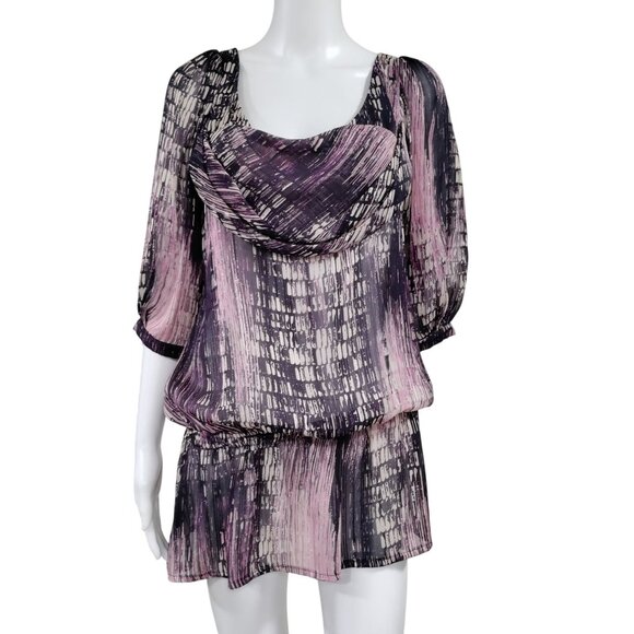 Casting Whimsy Artsey Lagenlook Abstract Silk Cowl Neck Blouson Mini Dress M - Picture 1 of 16